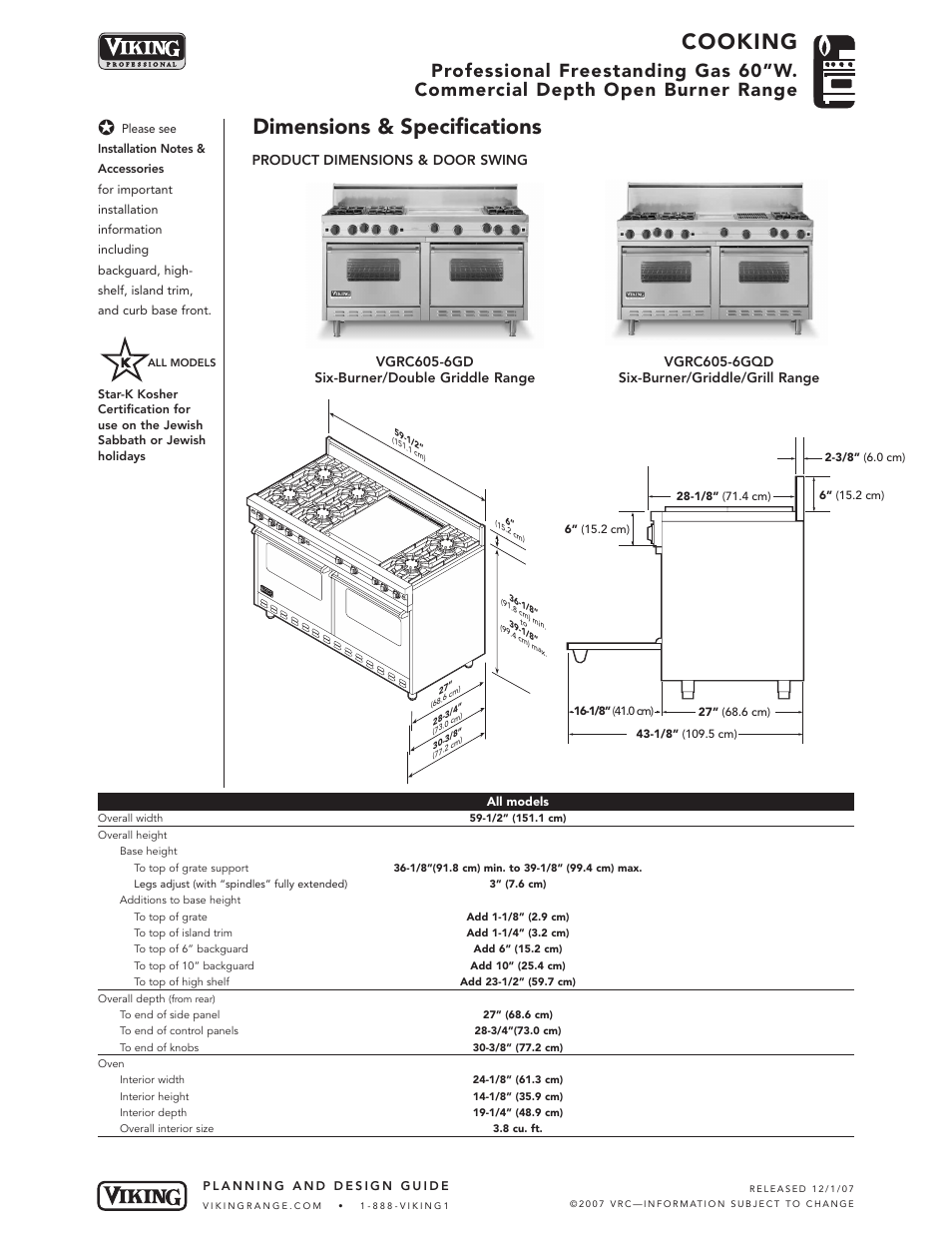 Cooking, Dimensions & specifications | Viking VGRC User Manual | Page 2 / 6