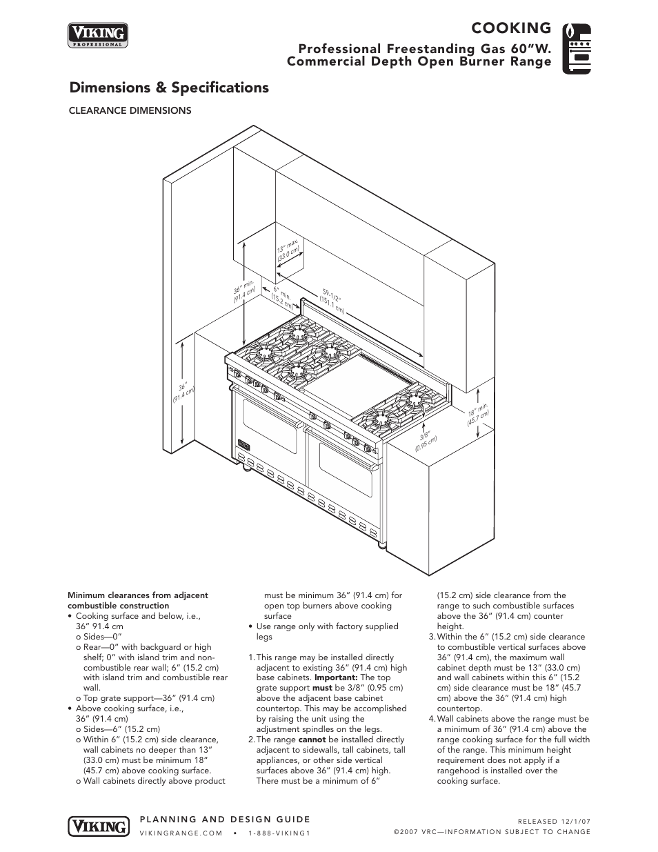Cooking, Dimensions & specifications | Viking VGRC User Manual | Page 3 / 6