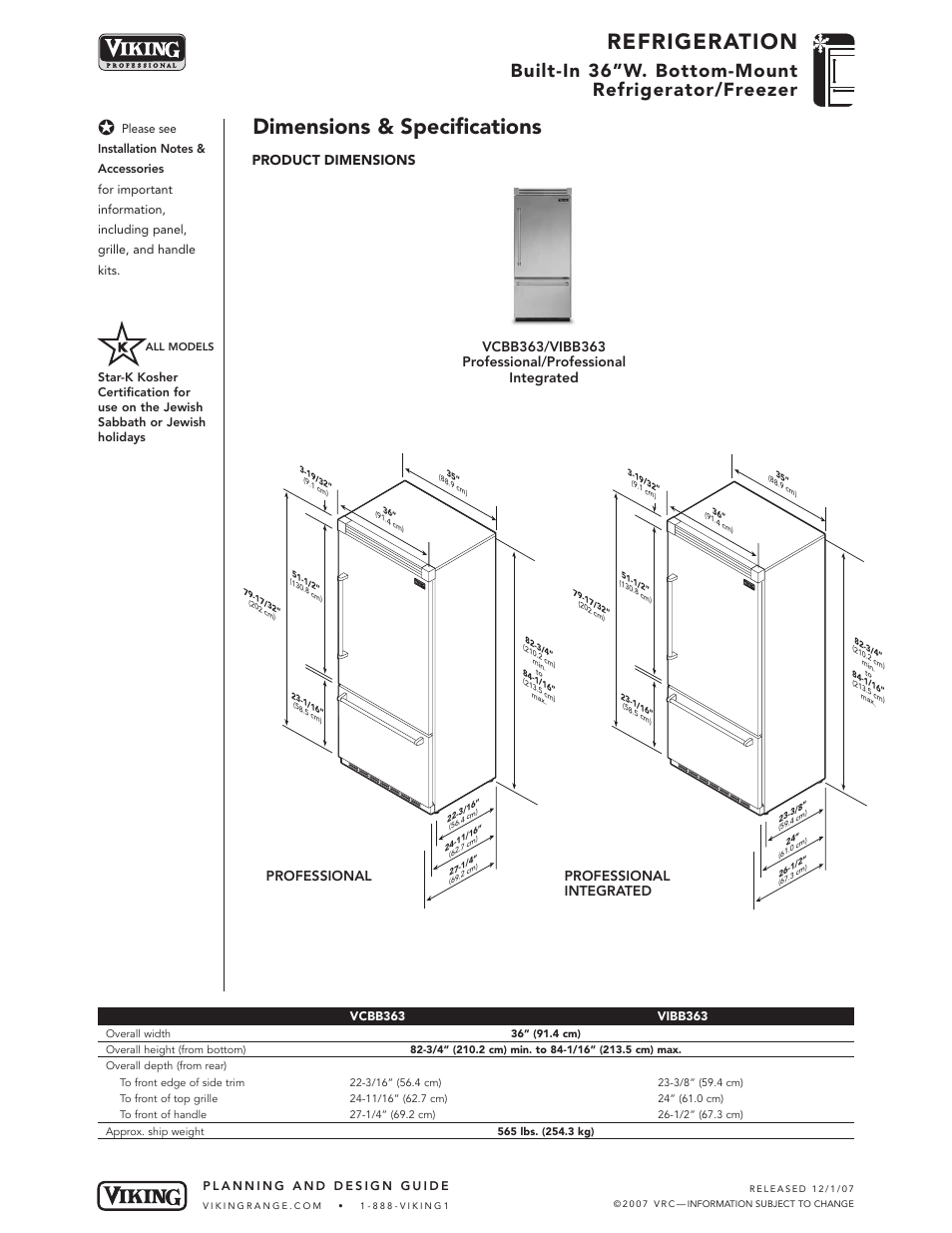 Refrigeration, Dimensions & specifications, Built-in 36”w. bottom-mount refrigerator/freezer | Viking VIBB363 User Manual | Page 2 / 9
