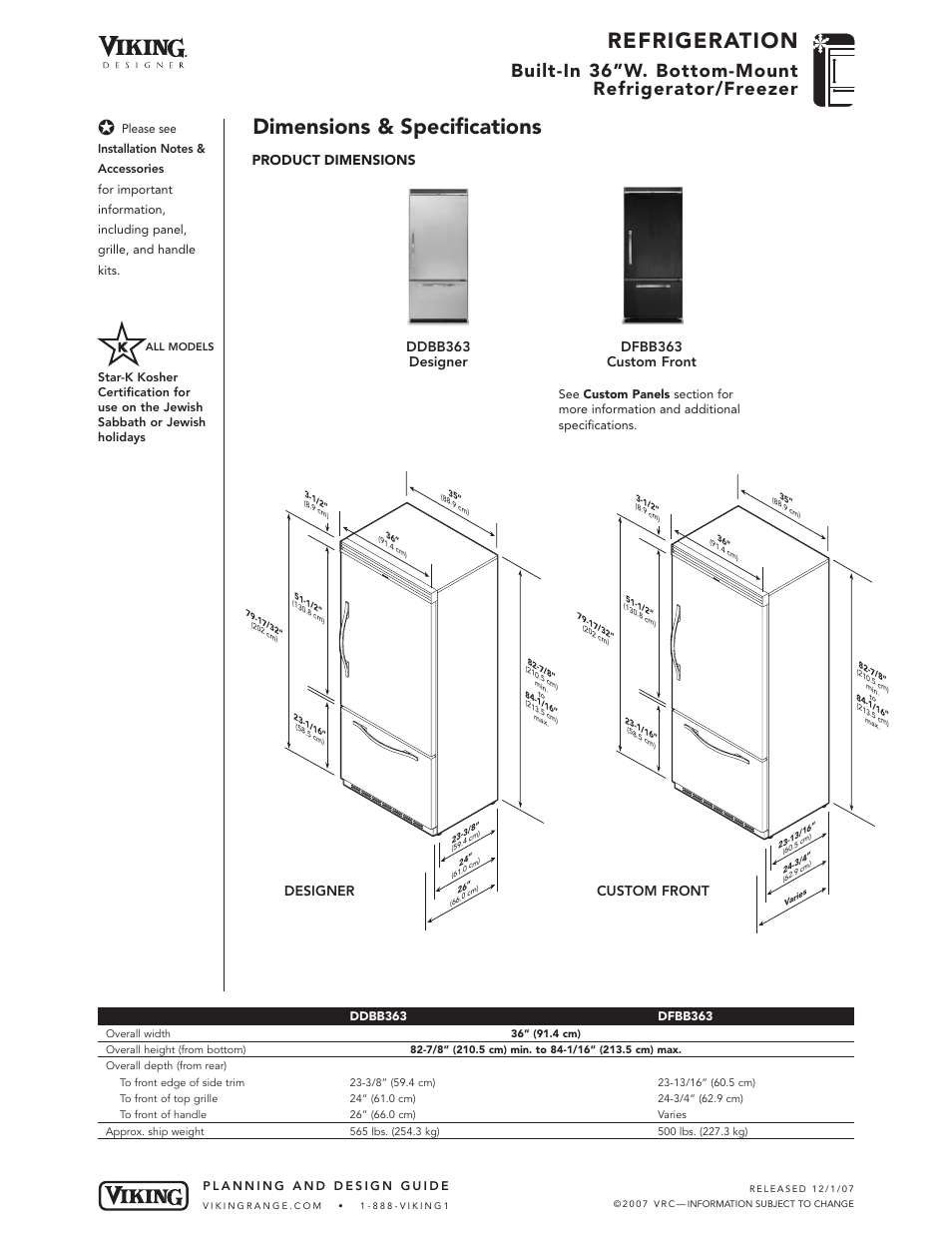 Refrigeration, Dimensions & specifications, Built-in 36”w. bottom-mount refrigerator/freezer | Designer, Custom front, Product dimensions | Viking VIBB363 User Manual | Page 3 / 9