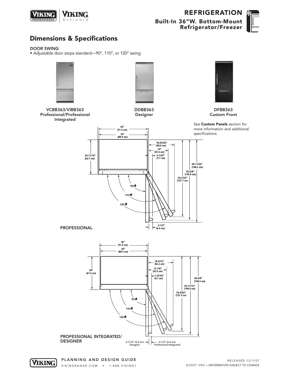 Refrigeration, Dimensions & specifications, Built-in 36”w. bottom-mount refrigerator/freezer | Professional professional integrated/ designer | Viking VIBB363 User Manual | Page 4 / 9