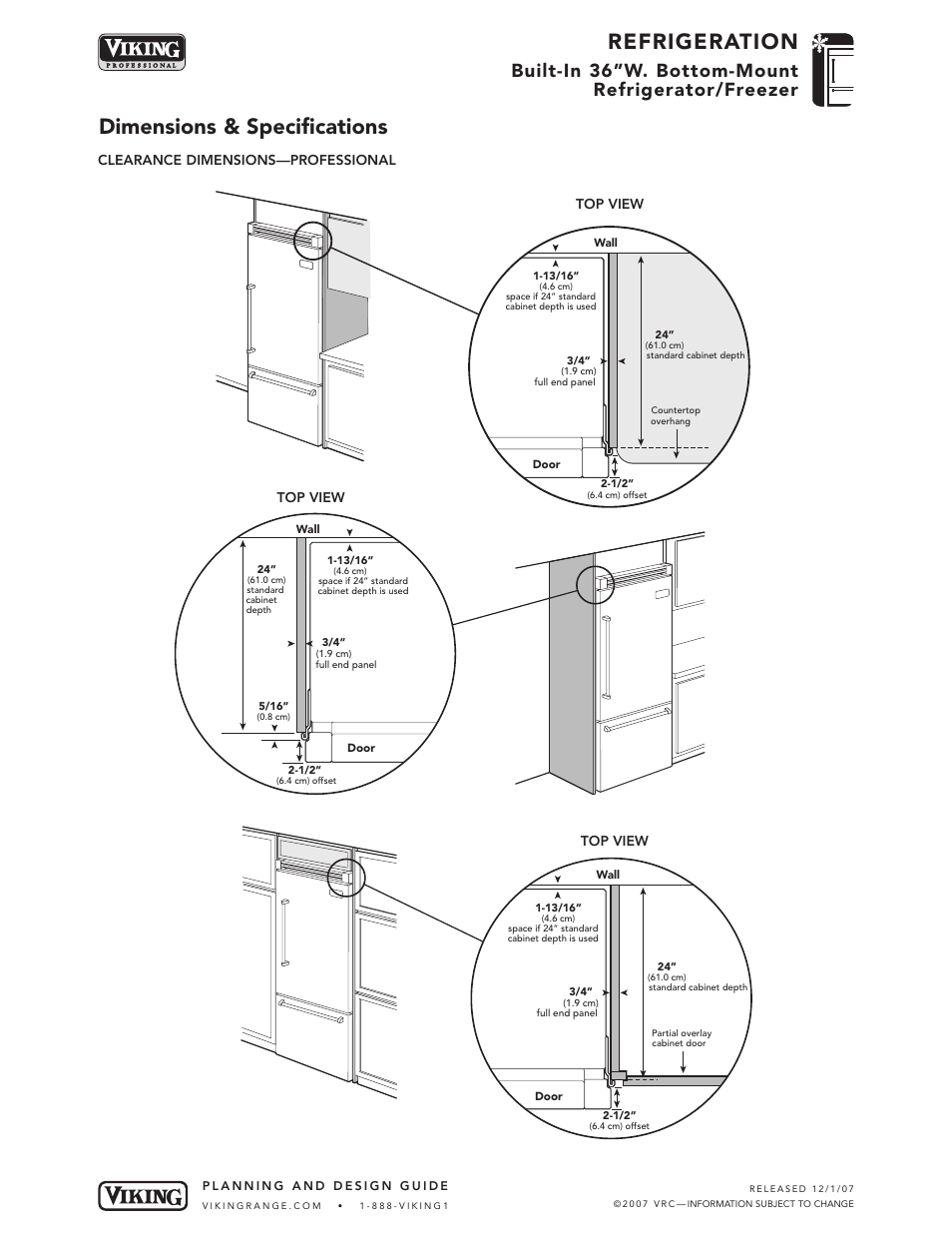 Refrigeration, Dimensions & specifications, Built-in 36”w. bottom-mount refrigerator/freezer | Viking VIBB363 User Manual | Page 5 / 9