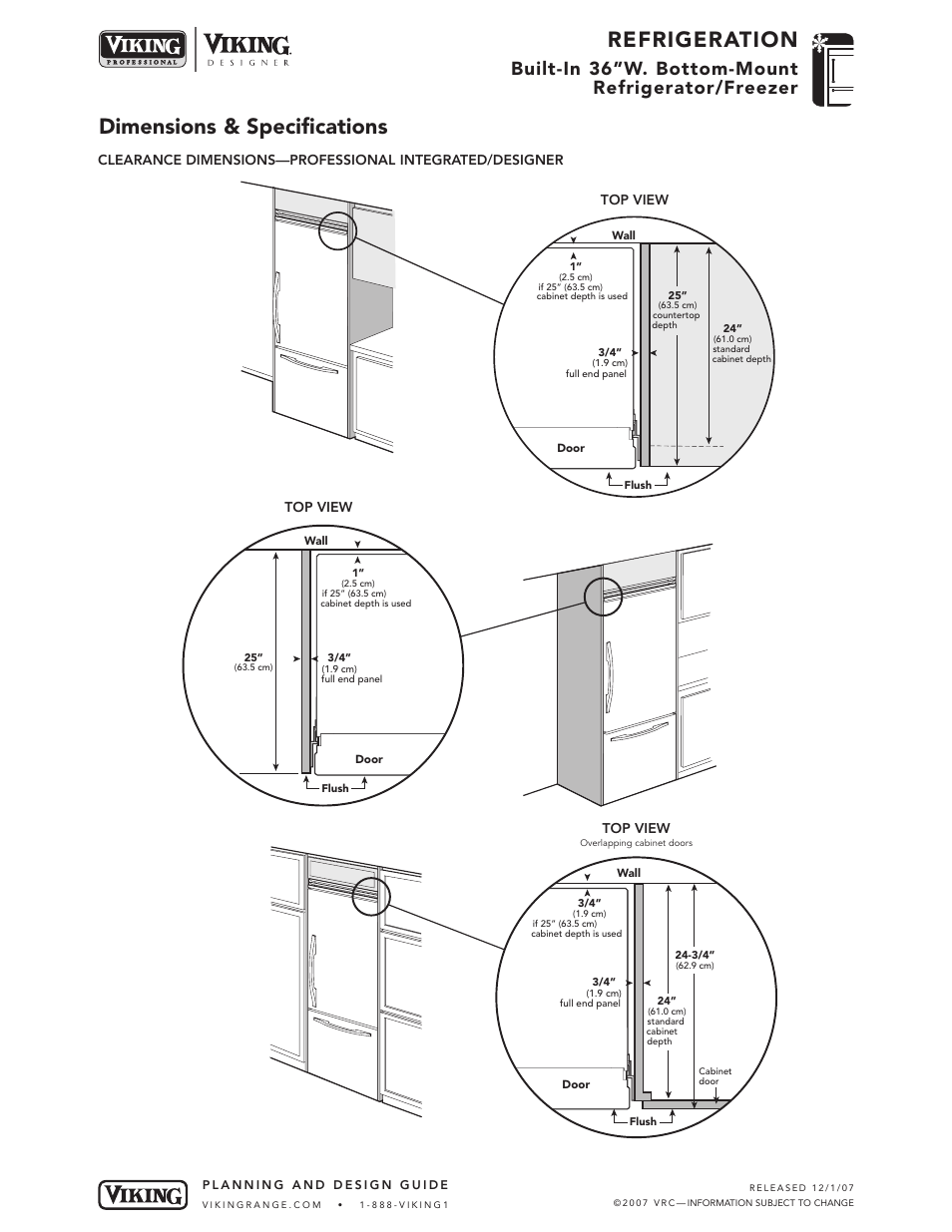 Refrigeration, Dimensions & specifications, Built-in 36”w. bottom-mount refrigerator/freezer | Viking VIBB363 User Manual | Page 6 / 9