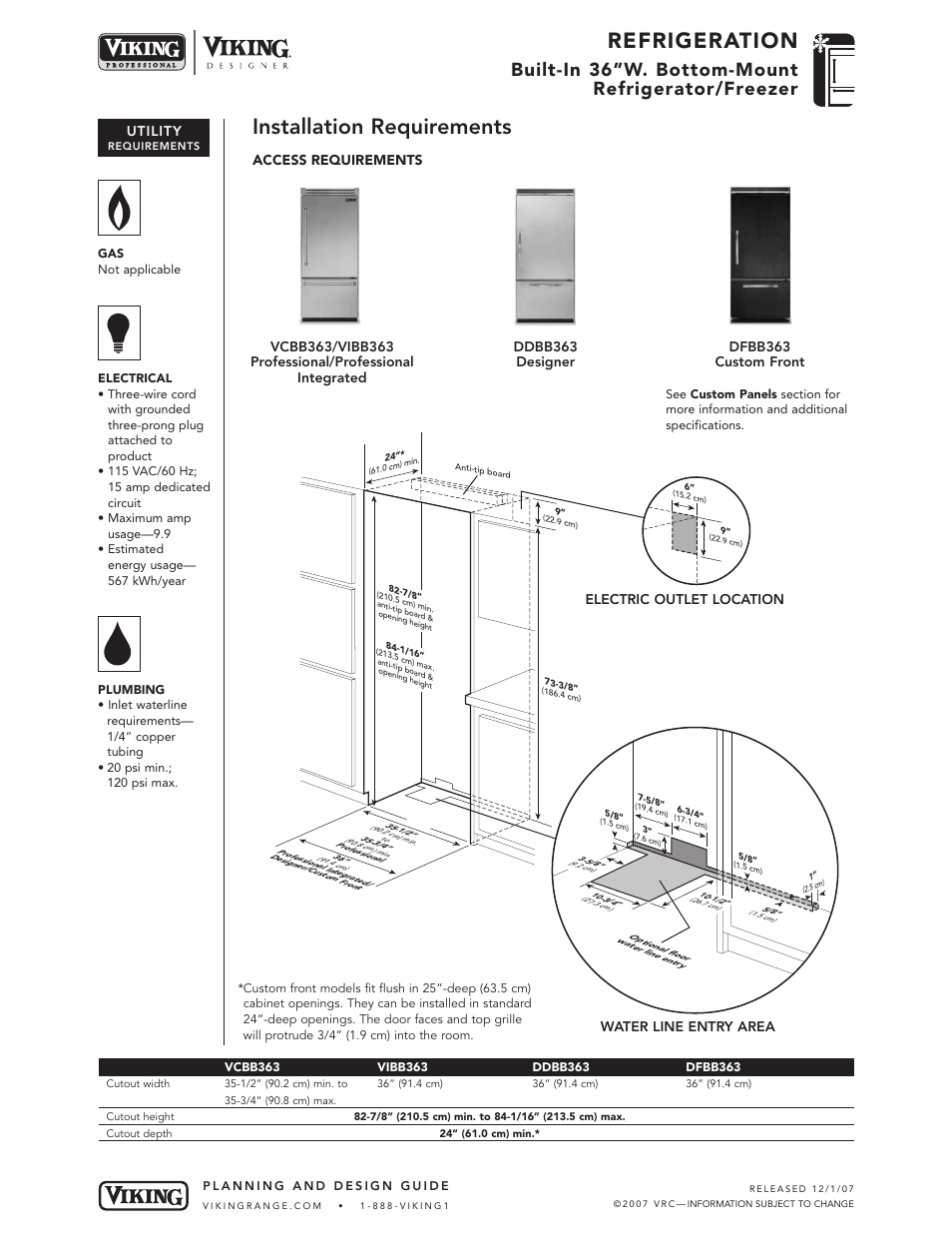 Refrigeration, Installation requirements, Built-in 36”w. bottom-mount refrigerator/freezer | Utility, Access requirements, Electric outlet location water line entry area | Viking VIBB363 User Manual | Page 7 / 9