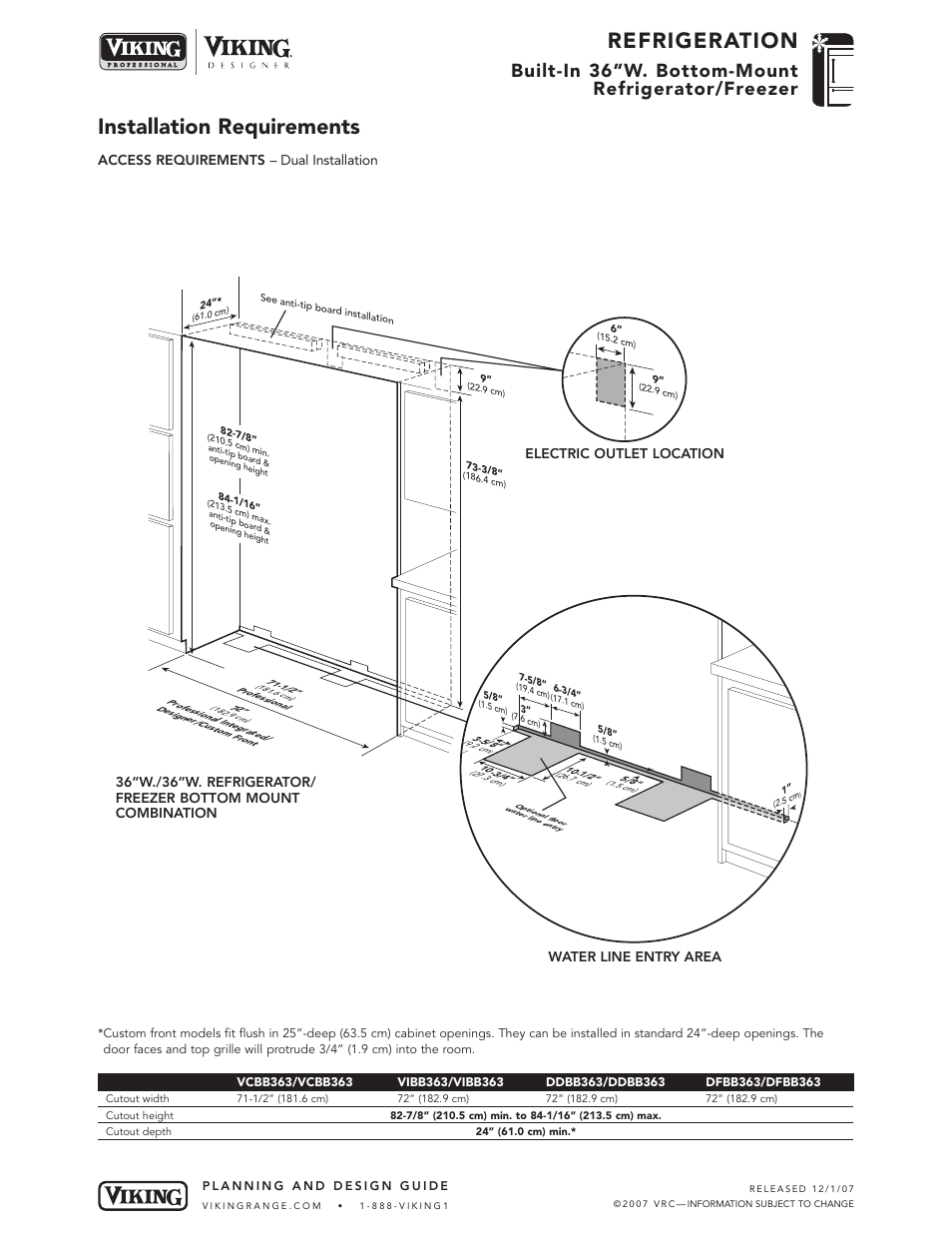 Refrigeration, Installation requirements, Built-in 36”w. bottom-mount refrigerator/freezer | Viking VIBB363 User Manual | Page 8 / 9