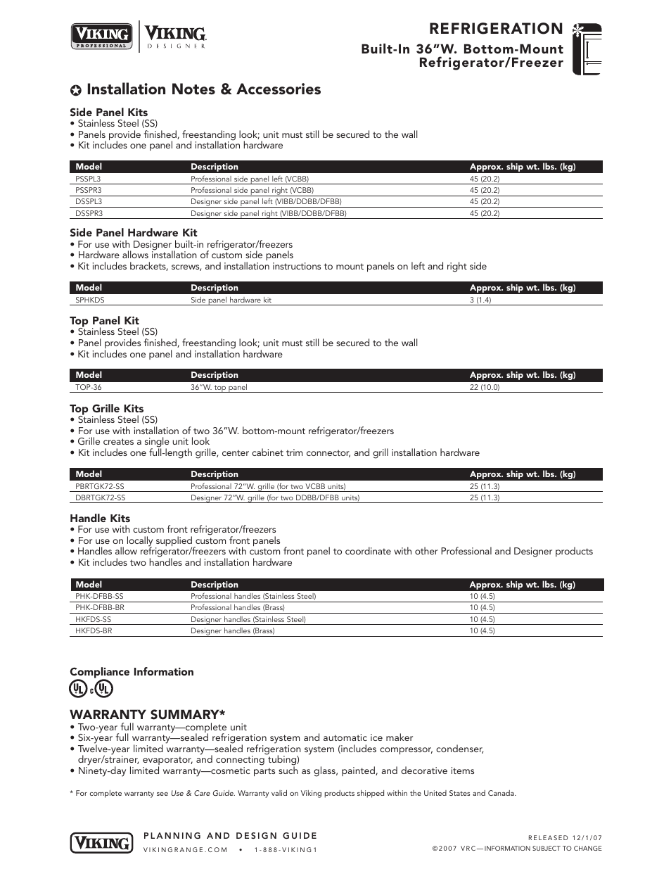 Refrigeration, Warranty summary, Built-in 36”w. bottom-mount refrigerator/freezer | Viking VIBB363 User Manual | Page 9 / 9