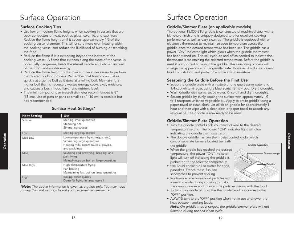 Surface cooking tips, Griddle/simmer plate operation, Surface operation | Viking F20532A User Manual | Page 10 / 30
