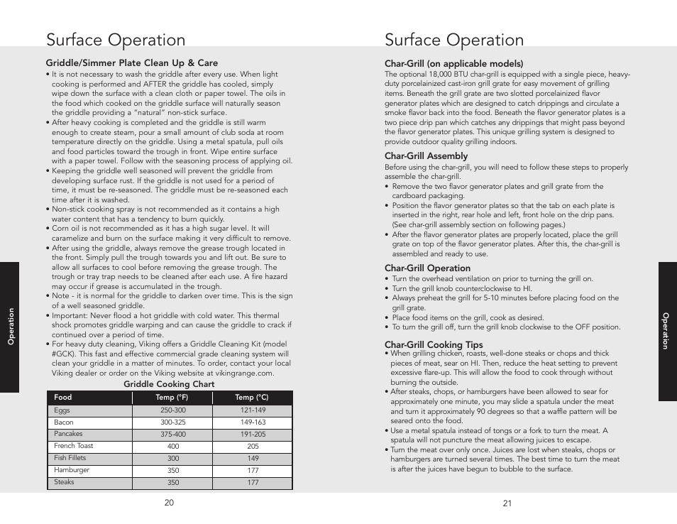 Grill operation, Surface operation | Viking F20532A User Manual | Page 11 / 30