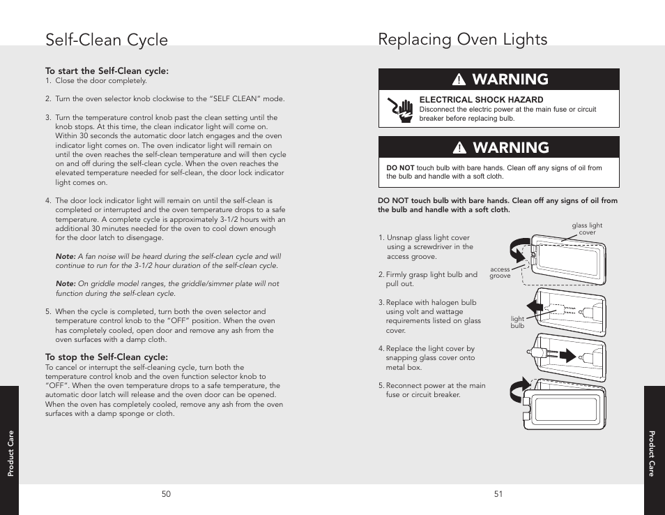 Replacing oven lights, Self-clean cycle, Warning danger caution for your safety | Viking F20532A User Manual | Page 26 / 30