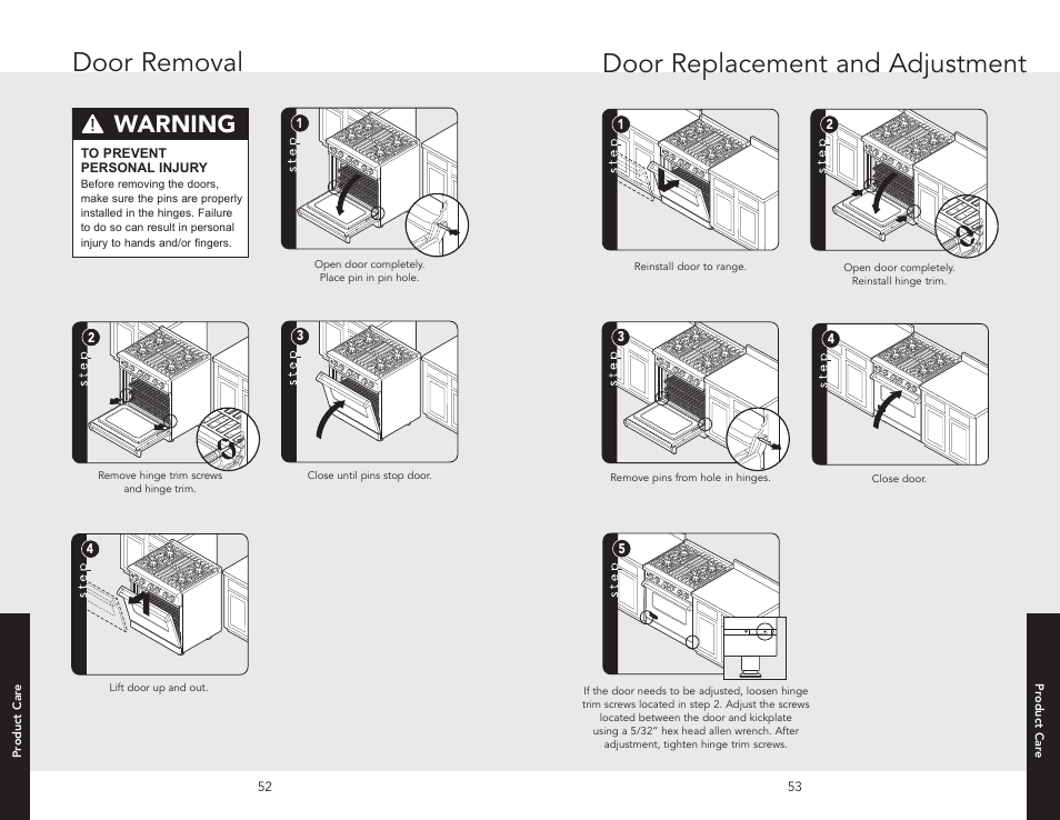 Door replacement and adjustment, Door removal, Warning | Viking F20532A User Manual | Page 27 / 30