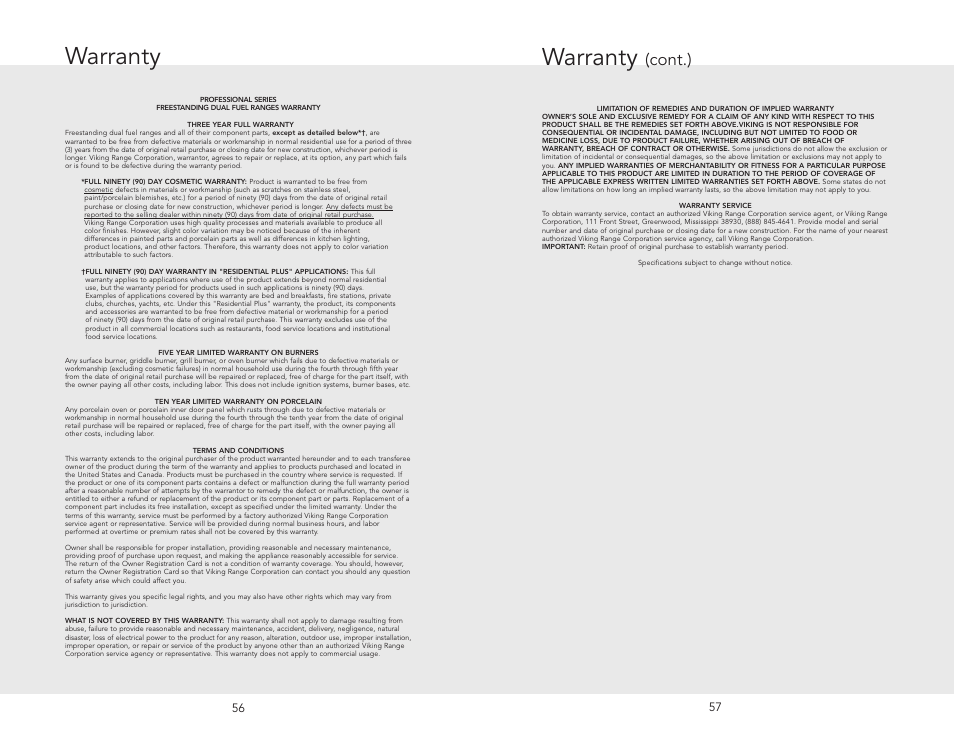 Warranty, Cont.) | Viking F20532A User Manual | Page 29 / 30