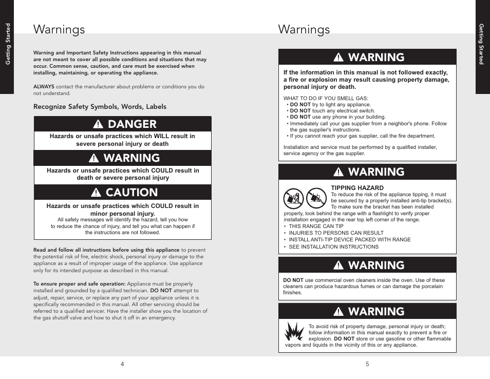 Getting started, Warnings, Danger | Warning caution warning, Warning | Viking F20532A User Manual | Page 3 / 30