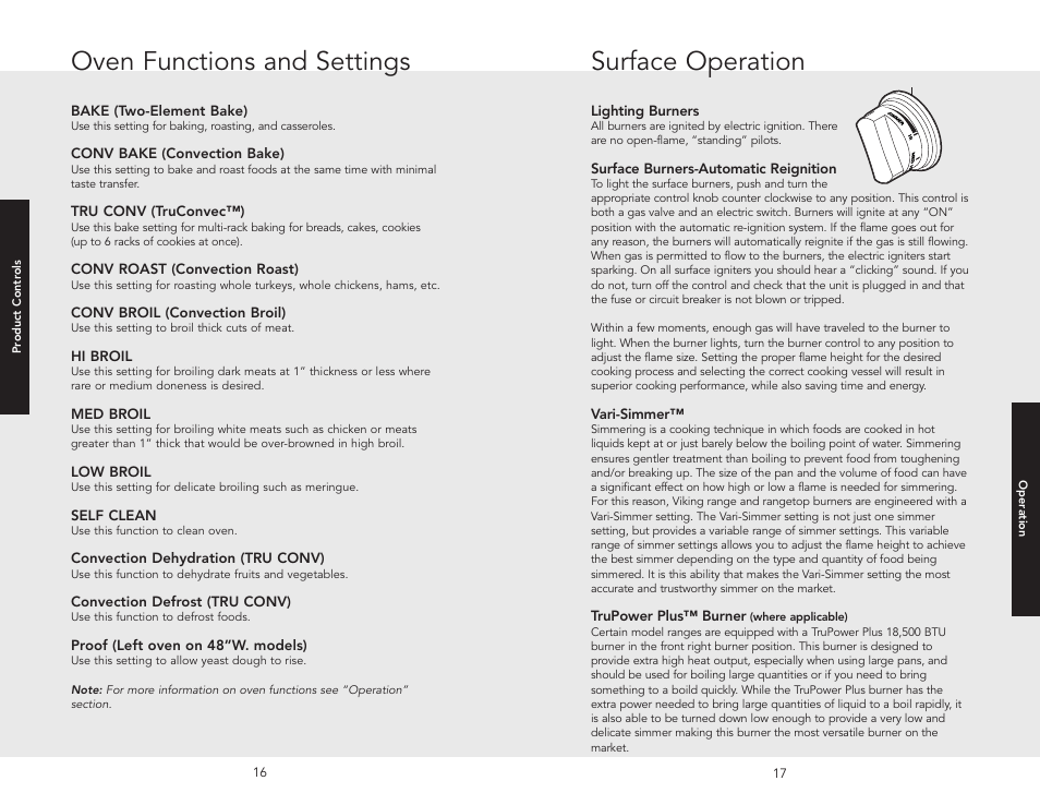 Oven functions and settings, Operation, Surface operation | Lighting burners, Surface burners-automatic reignition, Vari-simmer, Power plus™ burner (where applicable), Range features oven functions and settings | Viking F20532A User Manual | Page 9 / 30