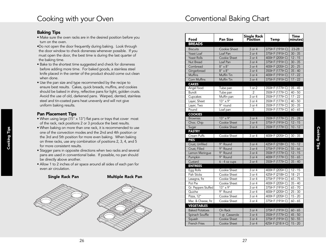 Cooking with your oven, Conventional baking chart, Baking tips | Pan placement tips | Viking M0706VR User Manual | Page 14 / 24