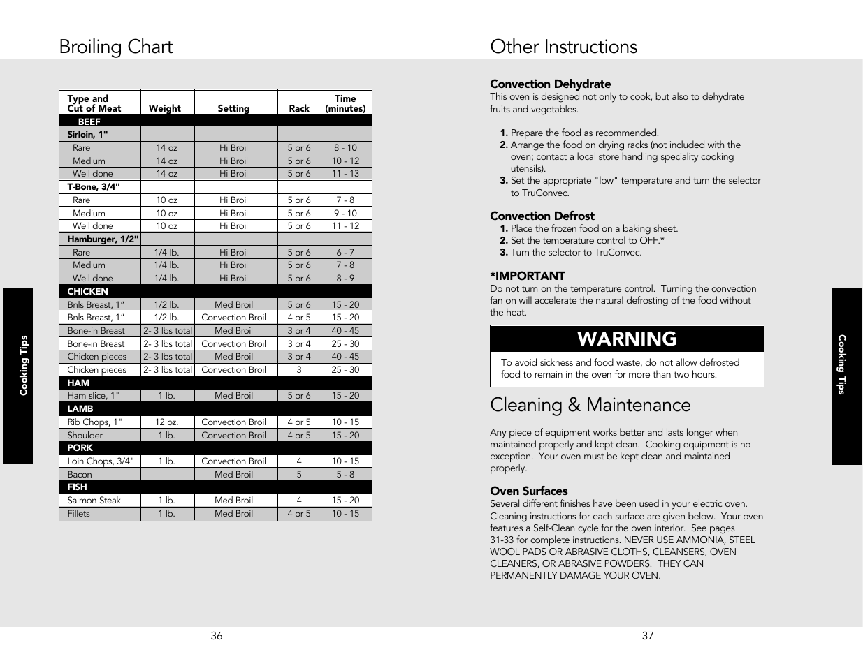 Broiling chart, Warning, Other instructions cleaning & maintenance | Viking M0706VR User Manual | Page 19 / 24