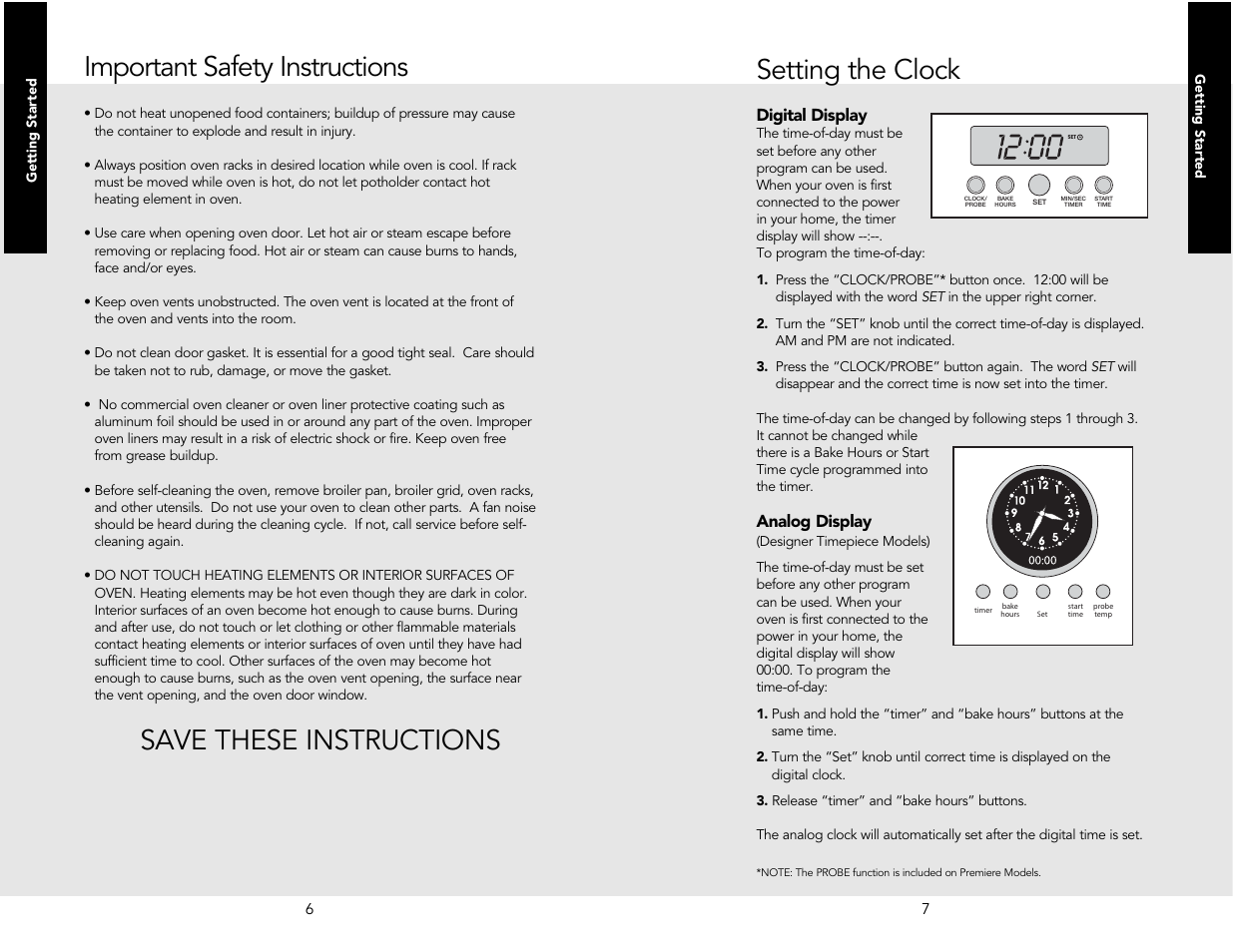 Important safety instructions, Save these instructions, Setting the clock | Digital display, Analog display | Viking M0706VR User Manual | Page 4 / 24