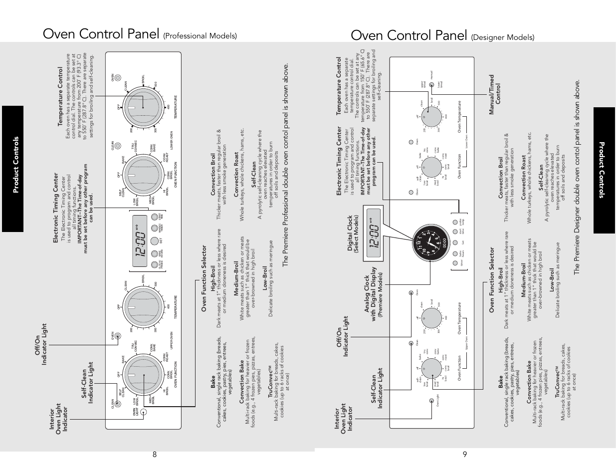 Oven control panel, Professional models), Designer models) | Product controls | Viking M0706VR User Manual | Page 5 / 24