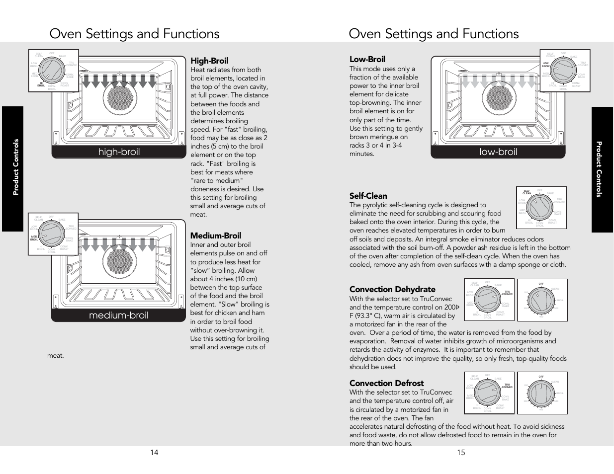 Oven settings and functions, High-broil, Medium-broil | Low-broil, Self-clean, Convection dehydrate, Convection defrost, Product controls | Viking M0706VR User Manual | Page 8 / 24