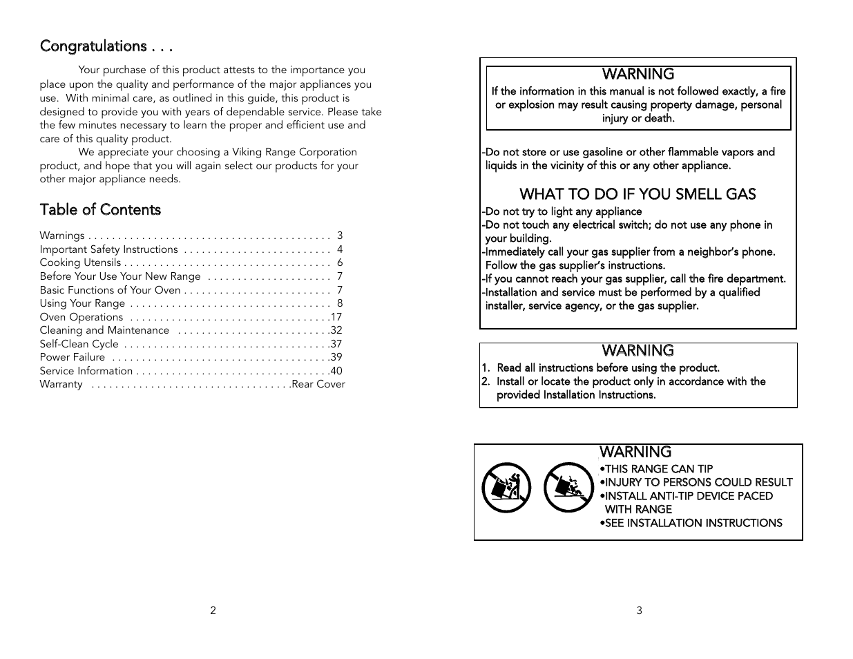 Cco on ng grraattu ullaattiio on nss, Ttaab blle e o off c co on ntte en nttss, Wwa ar rn niin ng g | Viking M0905VR User Manual | Page 2 / 20