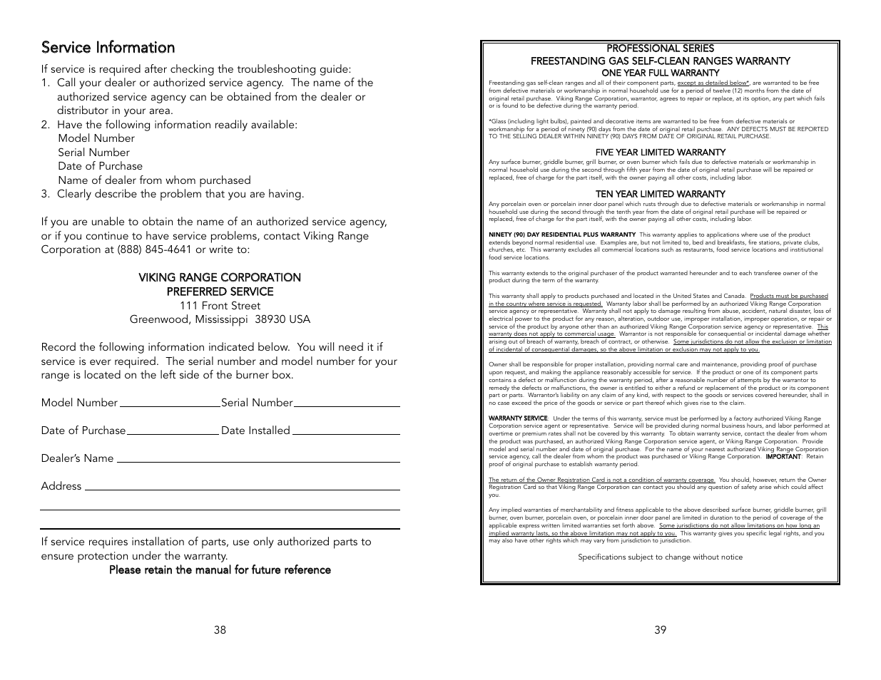 Sse errvviicce e iin nffo orrm maattiio on n | Viking M0905VR User Manual | Page 20 / 20