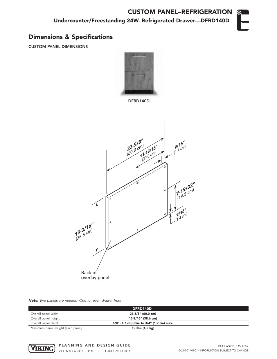 Viking DFRD140D User Manual | 1 page