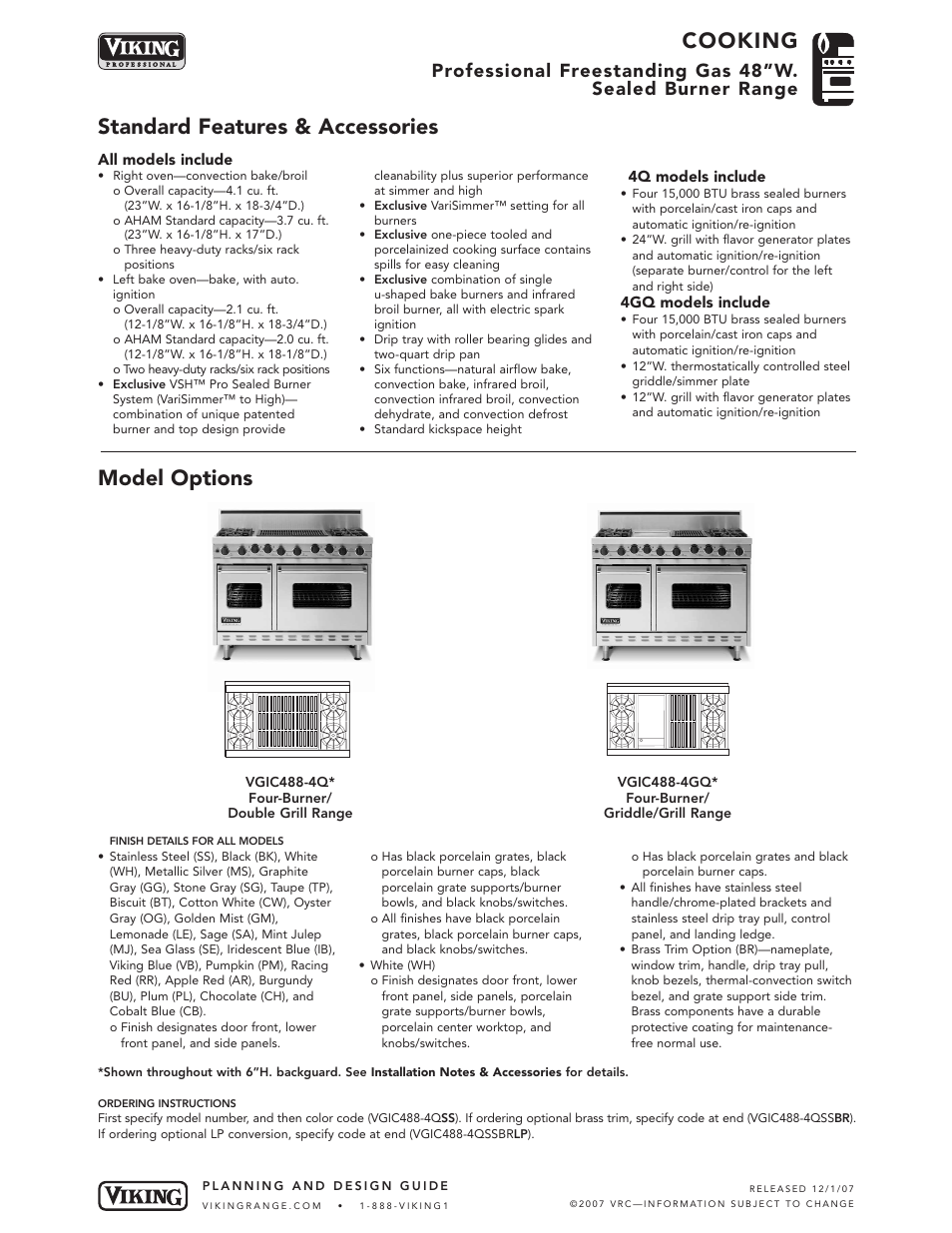 Cooking, Standard features & accessories model options | Viking VGIC488-6Q* User Manual | Page 2 / 7