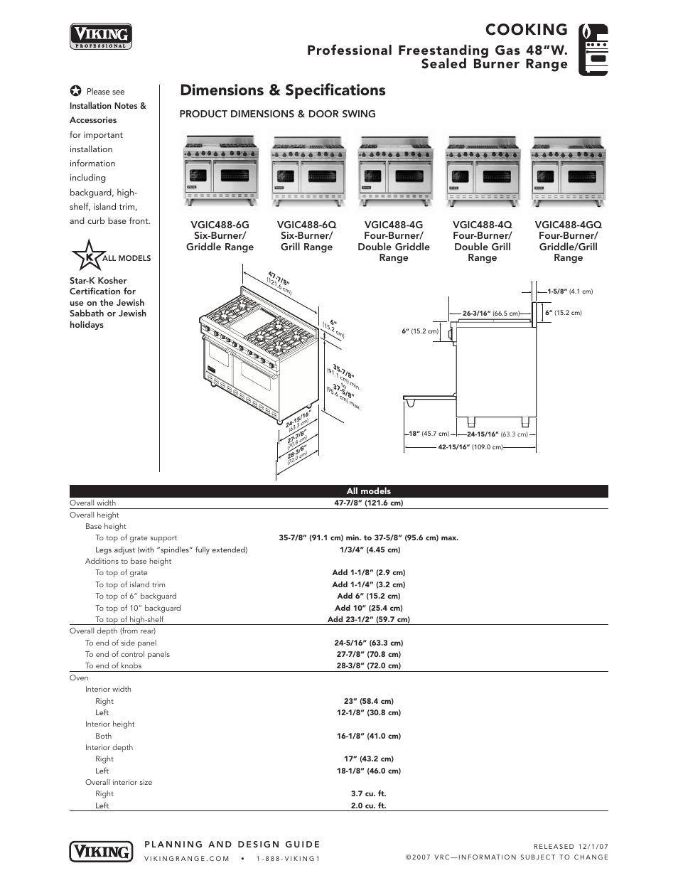 Cooking, Dimensions & specifications | Viking VGIC488-6Q* User Manual | Page 3 / 7