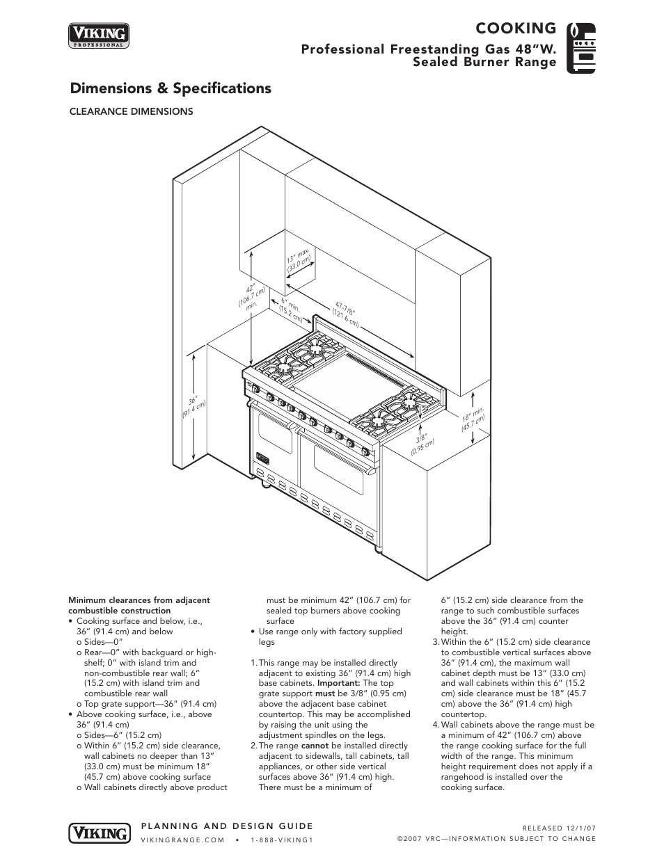 Cooking, Dimensions & specifications | Viking VGIC488-6Q* User Manual | Page 4 / 7