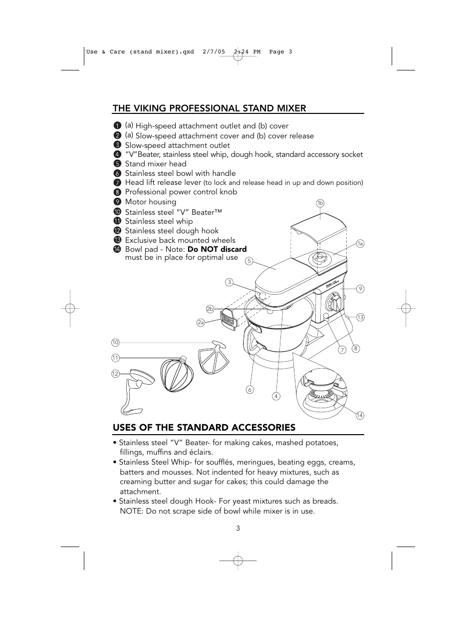 The viking professional stand mixer, Uses of the standard accessories | Viking VSM500 User Manual | Page 3 / 43