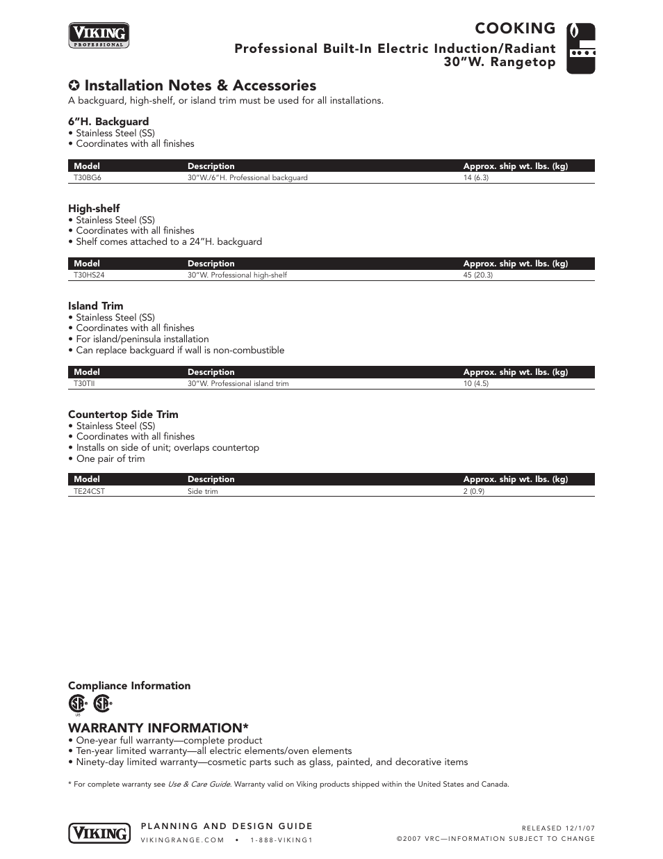 Cooking, Warranty information | Viking VCRT301-4B User Manual | Page 5 / 5