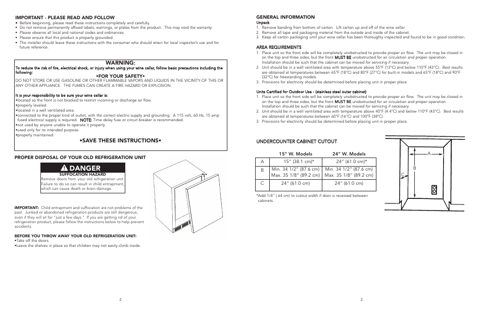 Danger, Warning, Save these instructions | Viking F20050 EN User Manual | Page 2 / 16