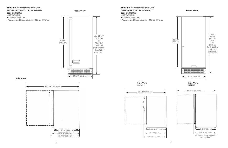 Specifications/dimensions designer - 15” w. models, Front view side view, Front view | Viking F20050 EN User Manual | Page 3 / 16
