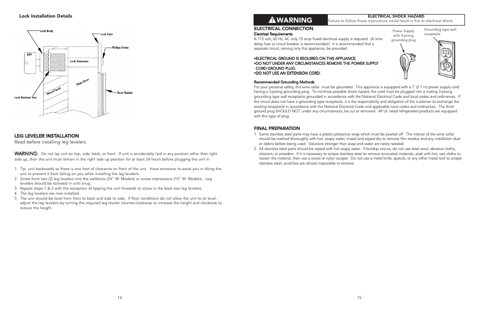 Warning, Electrical connection, Final preparation | Lock installation details | Viking F20050 EN User Manual | Page 8 / 16