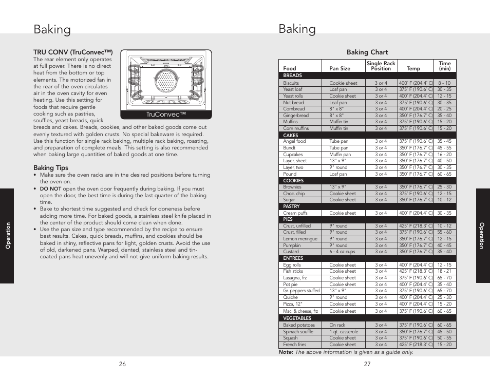 Baking, Baking chart, Tru conv (truconvec™) | Baking tips | Viking F20537 User Manual | Page 14 / 28