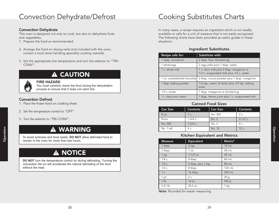 Cooking substitutes charts, Convection dehydrate/defrost, Warning | Notice caution, Warning danger caution for your safety | Viking F20537 User Manual | Page 20 / 28