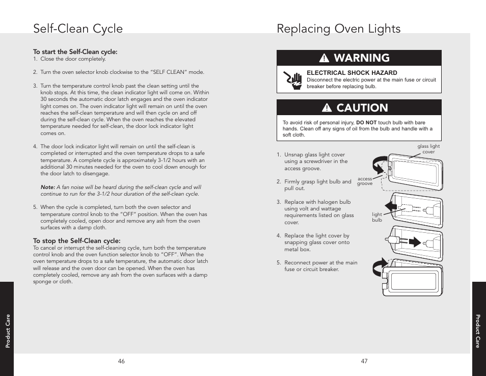 Replacing oven lights, Self-clean cycle, Warning danger caution for your safety | Viking F20537 User Manual | Page 24 / 28