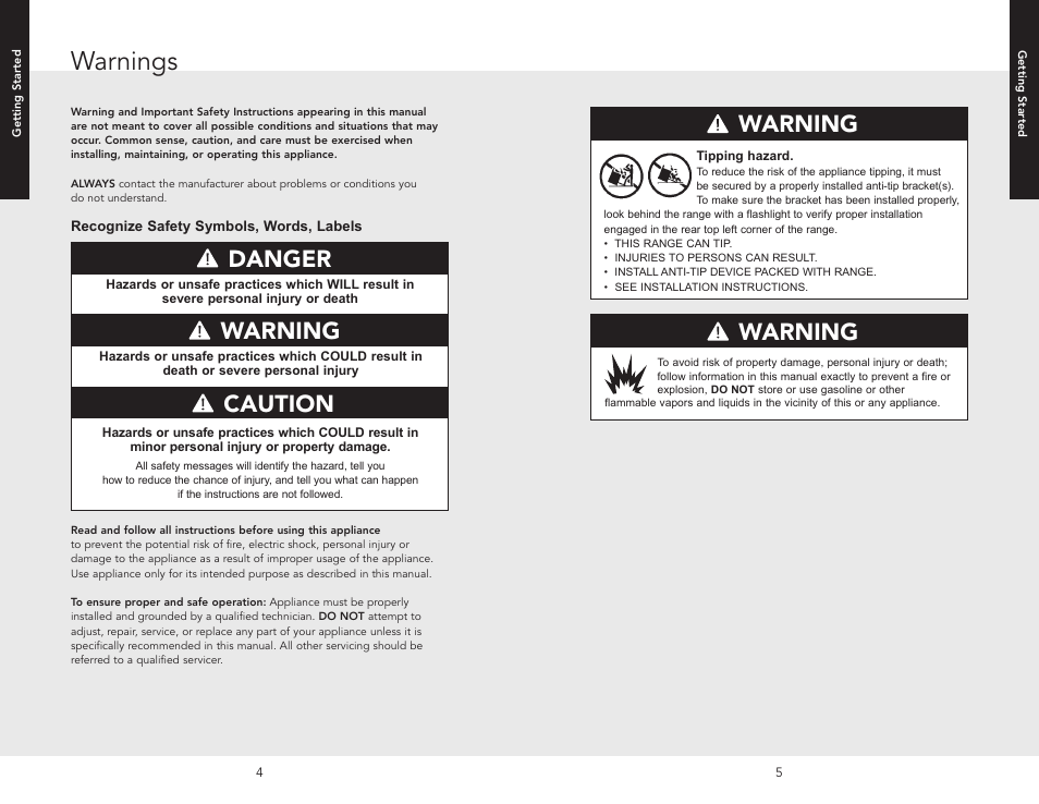 Warnings, Warning, Danger | Warning caution | Viking F20537 User Manual | Page 3 / 28