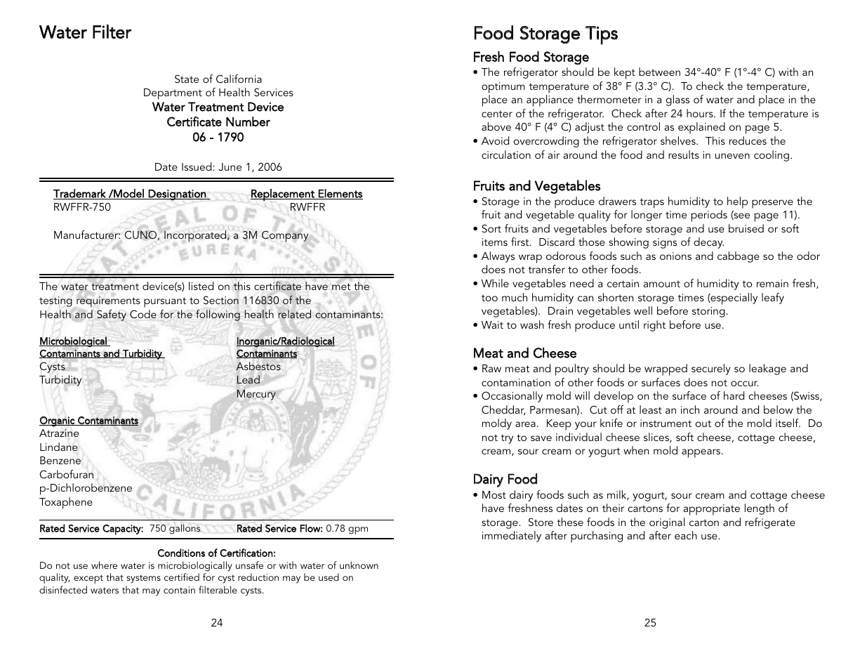 Ffo oo od d s stto orraag ge e t tiip pss, Wwaatte err f fiilltte err | Viking Freestanding Side-by-Side Refrigerator/Freezer User Manual | Page 13 / 22