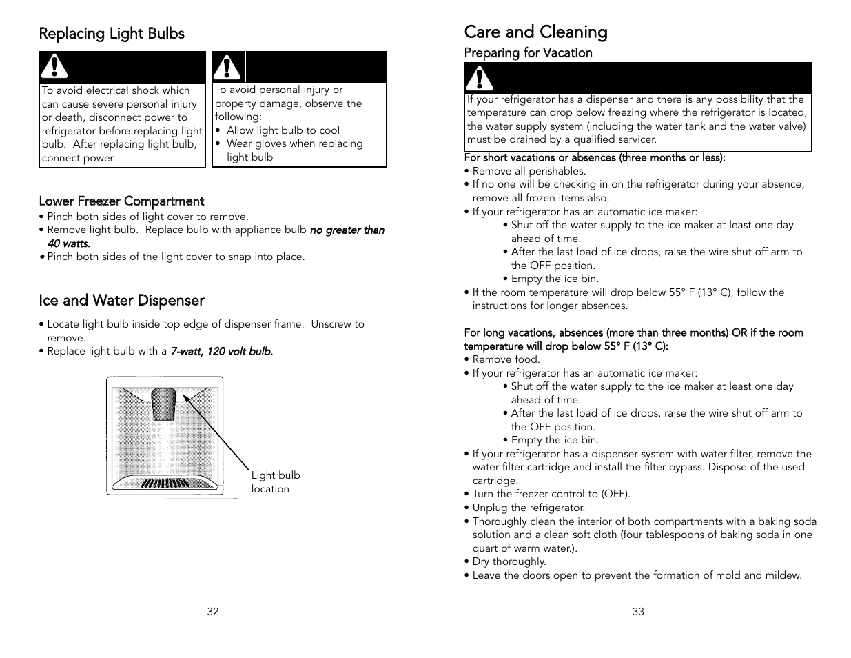 Caution, Warning, Ccaarre e aan nd d c clle eaan niin ng g | Viking Freestanding Side-by-Side Refrigerator/Freezer User Manual | Page 17 / 22