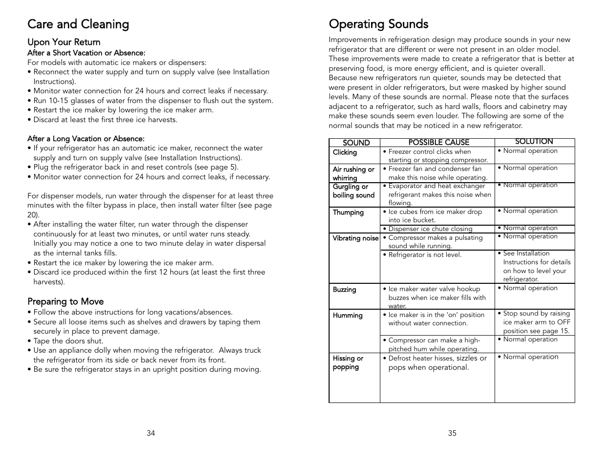 Ccaarre e aan nd d c clle eaan niin ng g, Oop pe erraattiin ng g s so ou un nd dss | Viking Freestanding Side-by-Side Refrigerator/Freezer User Manual | Page 18 / 22