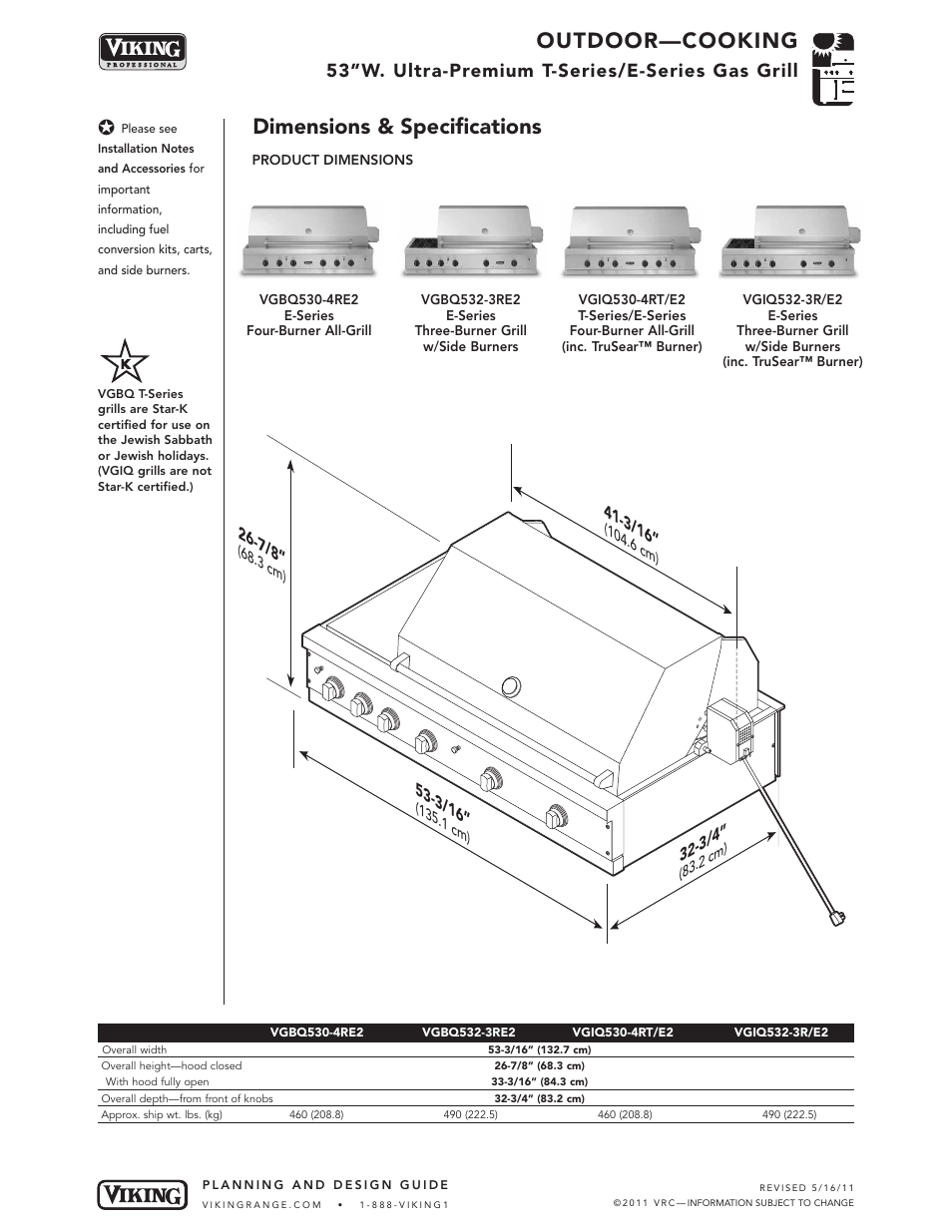 Outdoor—cooking, Dimensions & specifications, 53”w. ultra-premium t-series/e-series gas grill | Viking VGBQ User Manual | Page 3 / 8