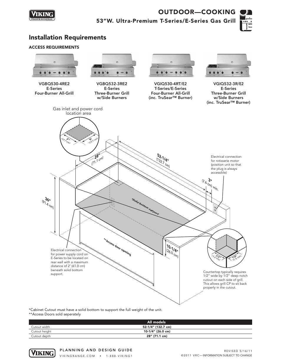 Outdoor—cooking, Installation requirements, 53”w. ultra-premium t-series/e-series gas grill | Viking VGBQ User Manual | Page 5 / 8