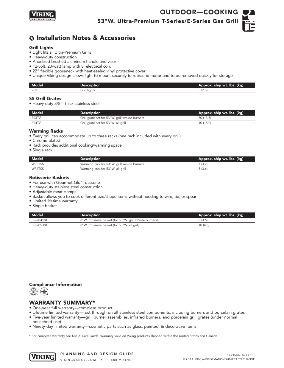 Outdoor—cooking, 53”w. ultra-premium t-series/e-series gas grill, Warranty summary | Viking VGBQ User Manual | Page 8 / 8