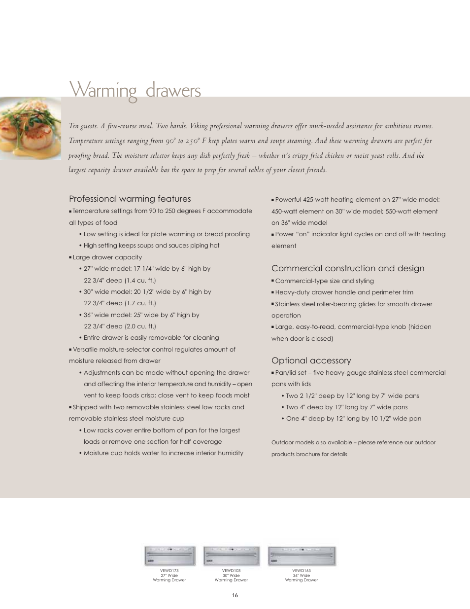 Warming drawers, Professional warming features, Commercial construction and design | Optional accessory | Viking F60067 User Manual | Page 16 / 52