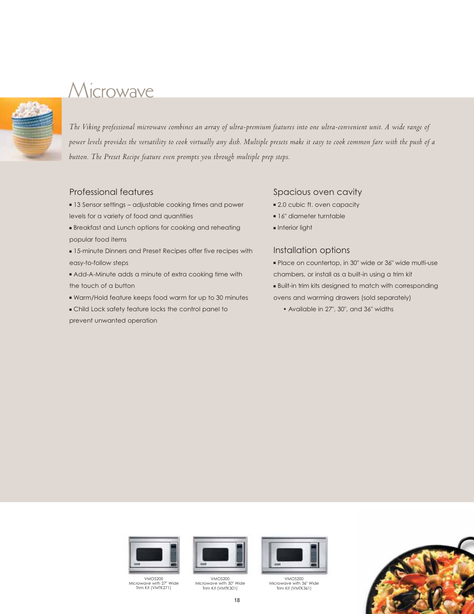Microwave, Professional features, Spacious oven cavity | Installation options | Viking F60067 User Manual | Page 18 / 52