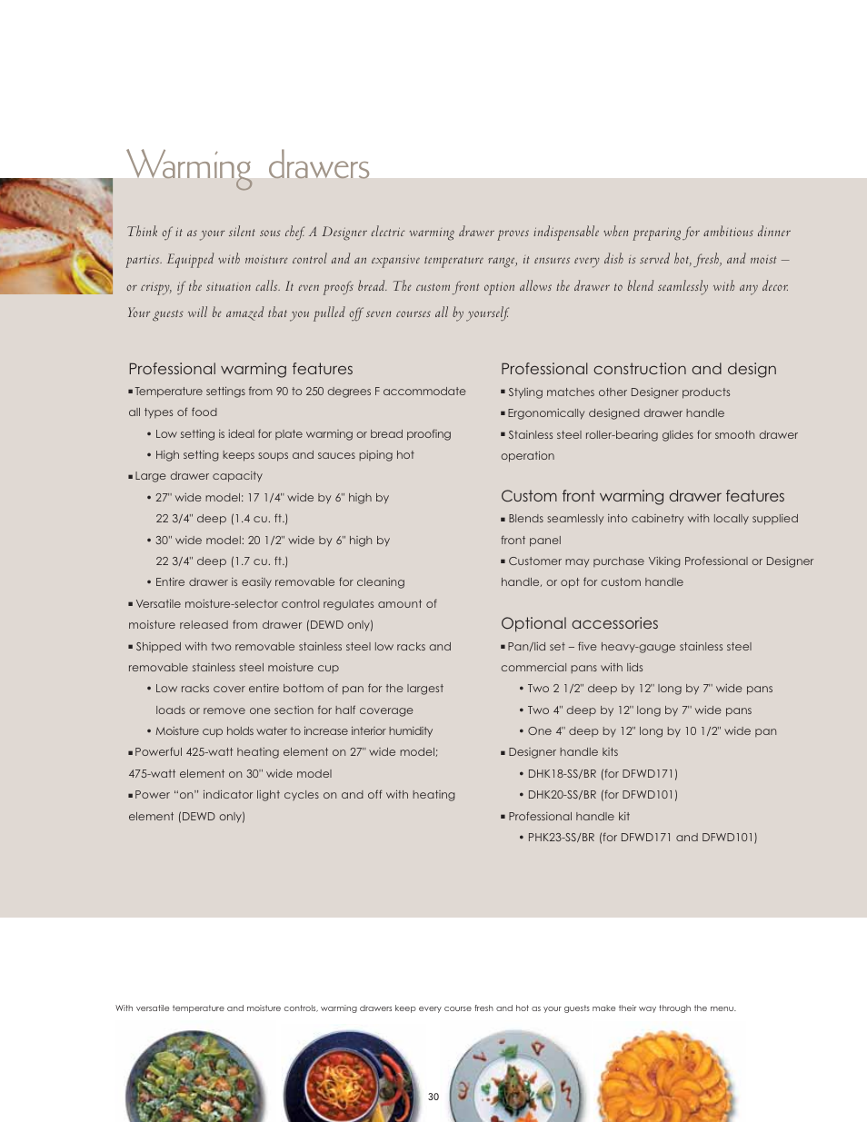 Warming drawers, Professional construction and design, Custom front warming drawer features | Optional accessories, Professional warming features | Viking F60067 User Manual | Page 30 / 52