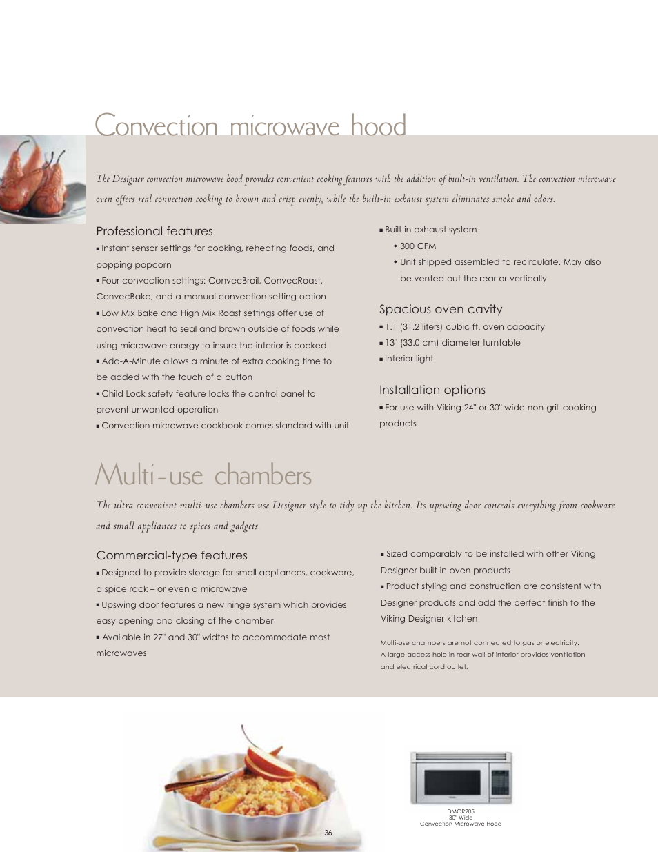 Multi-use chambers convection microwave hood, Commercial-type features, Professional features | Spacious oven cavity, Installation options | Viking F60067 User Manual | Page 36 / 52