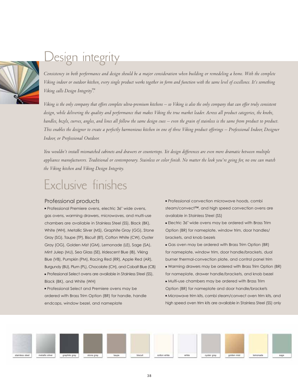 Design integrity exclusive finishes, Professional products | Viking F60067 User Manual | Page 38 / 52