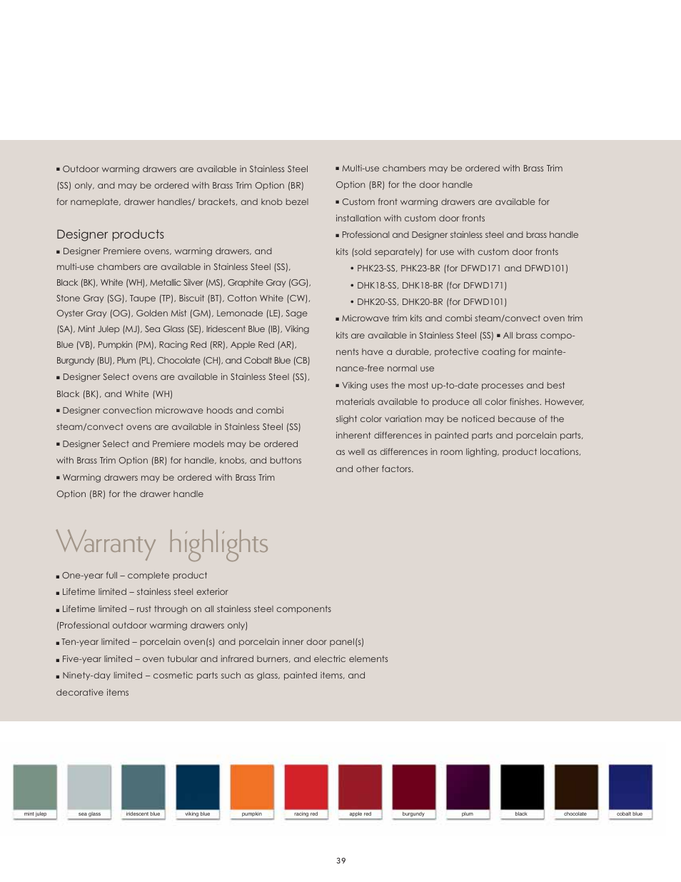 Warranty highlights, Designer products | Viking F60067 User Manual | Page 39 / 52