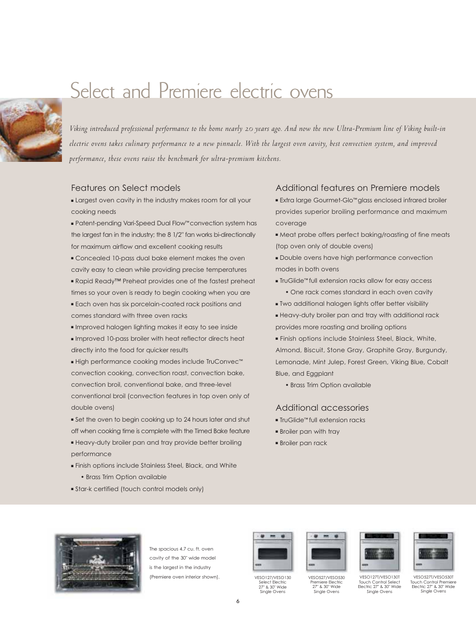 Select and premiere electric ovens, Additional features on premiere models, Additional accessories | Features on select models | Viking F60067 User Manual | Page 6 / 52